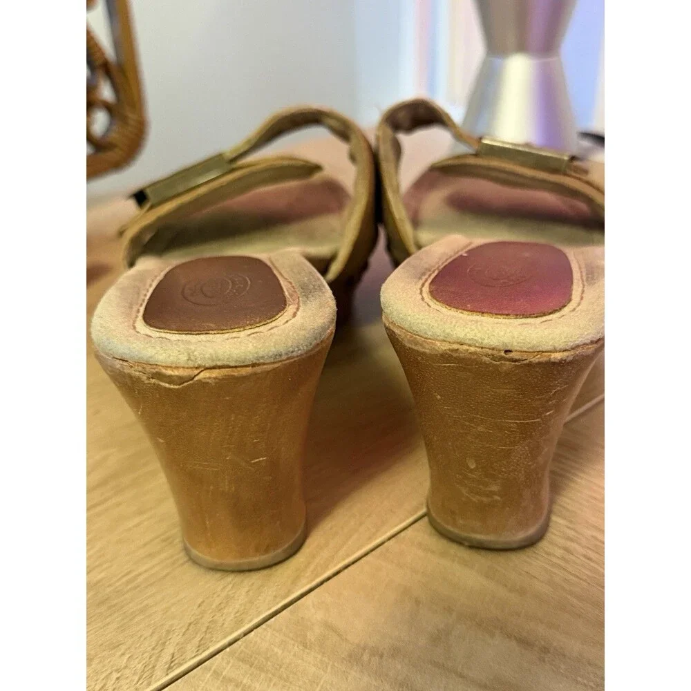 Dr Scholl’s The Original Big Buc Wooden Wedge Heel Vintage Tan Leather Size 9